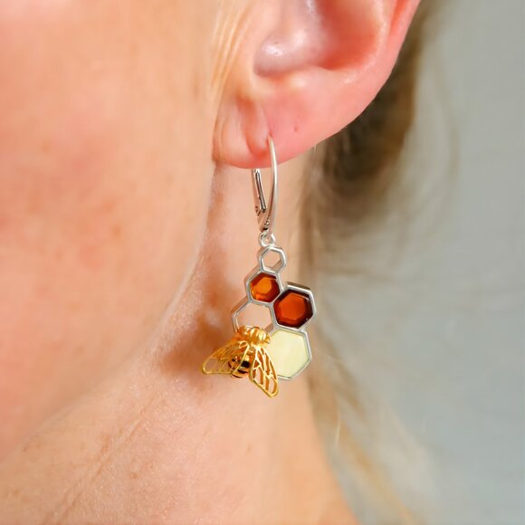 Baltic Amber Earrings- Gold Bee and Honeycomb Design -Sterling Silver - Picture 5 of 5